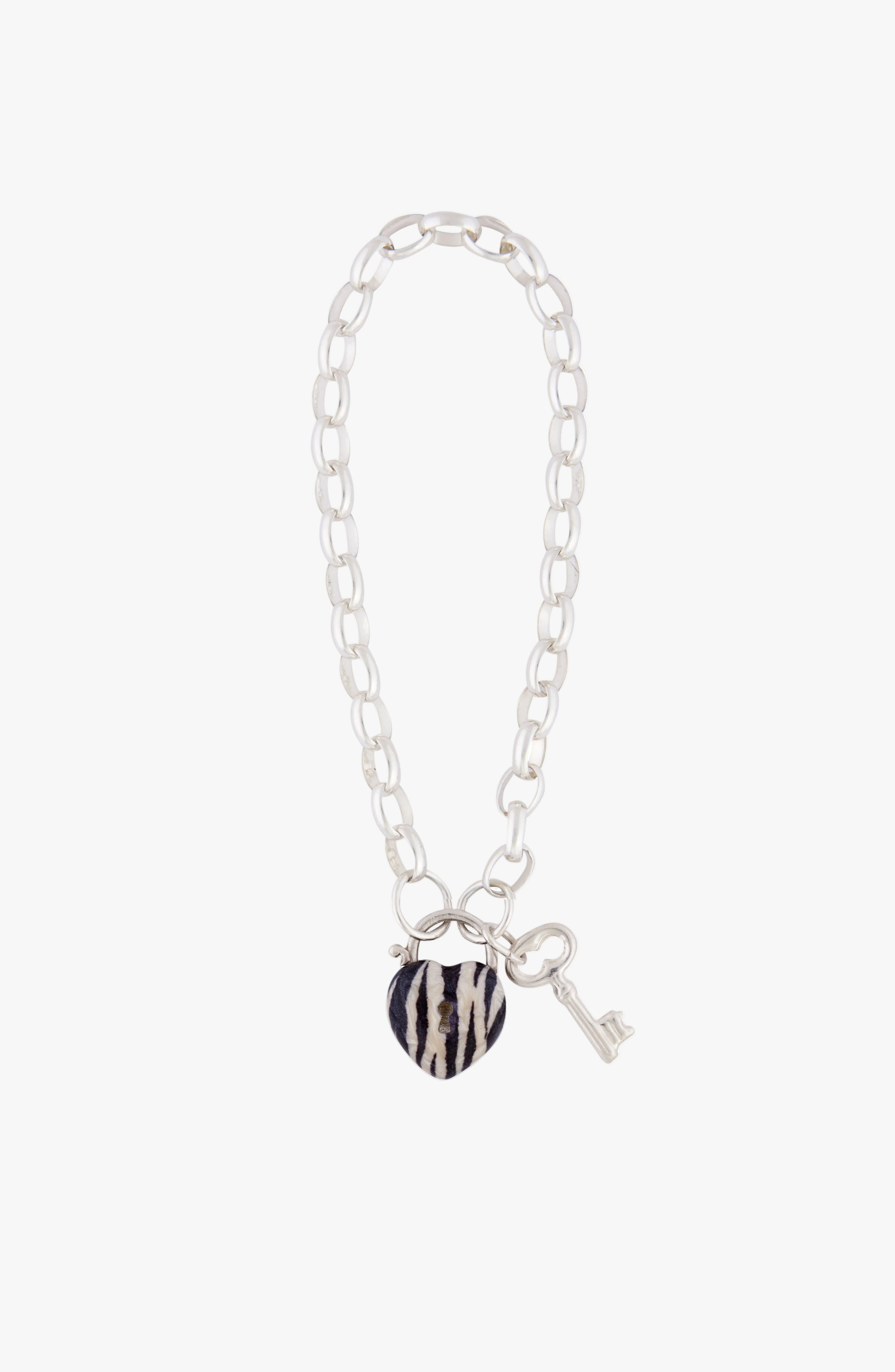 Sterling Silver Heart Patterned with Bracelet and Key